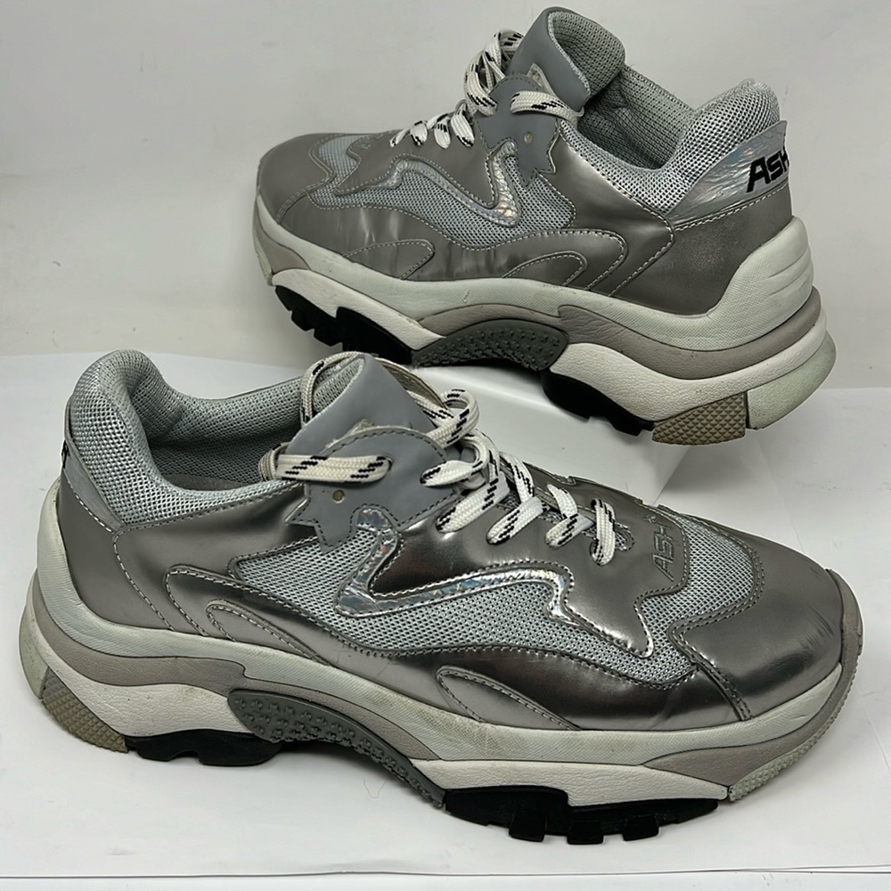 ASH Sz 40/US 9Leather and Nylon Silver Gray Colorblock Pattern Chunky Sneakers